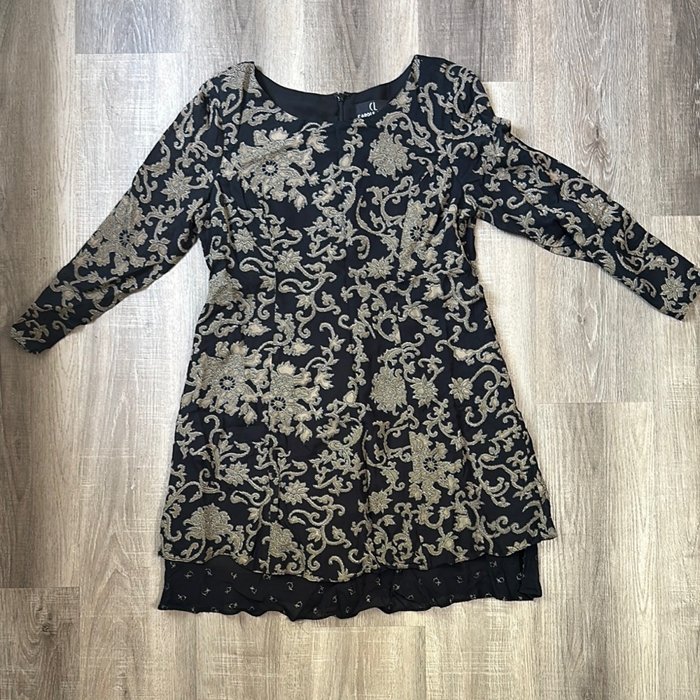 Carole Little Black and Cream Long Sleeve Cocktail Sweater Dress